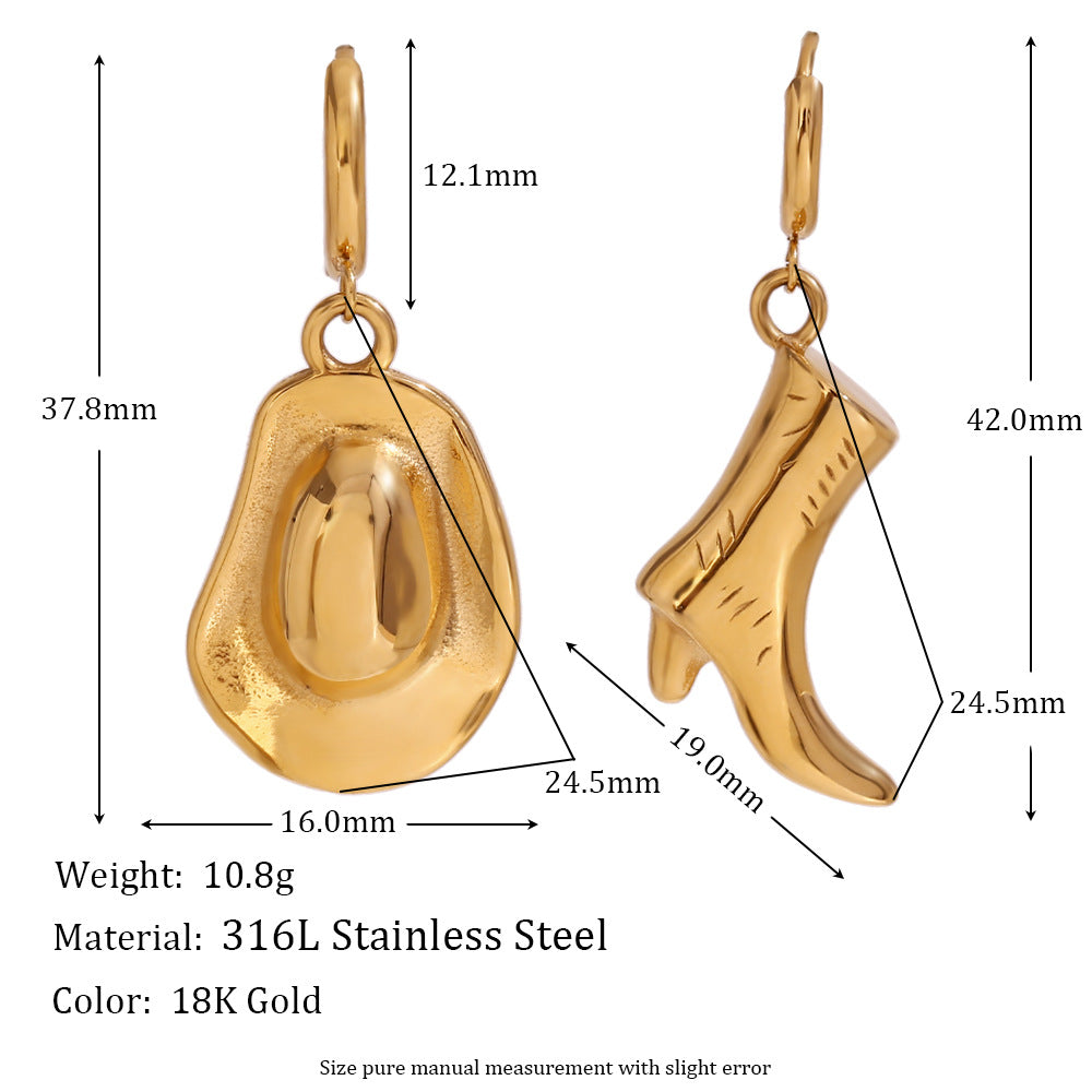 Wholesale Stainless Steel Plated 18K Gold Western Cowboy Boots Hat Earrings
